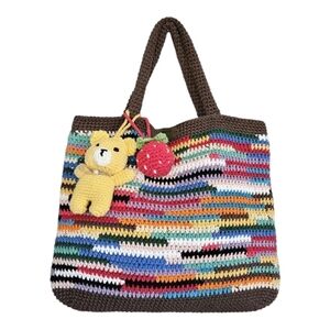 Handmade Crochet Shoulder Bag with Bear and Strawberry Charm